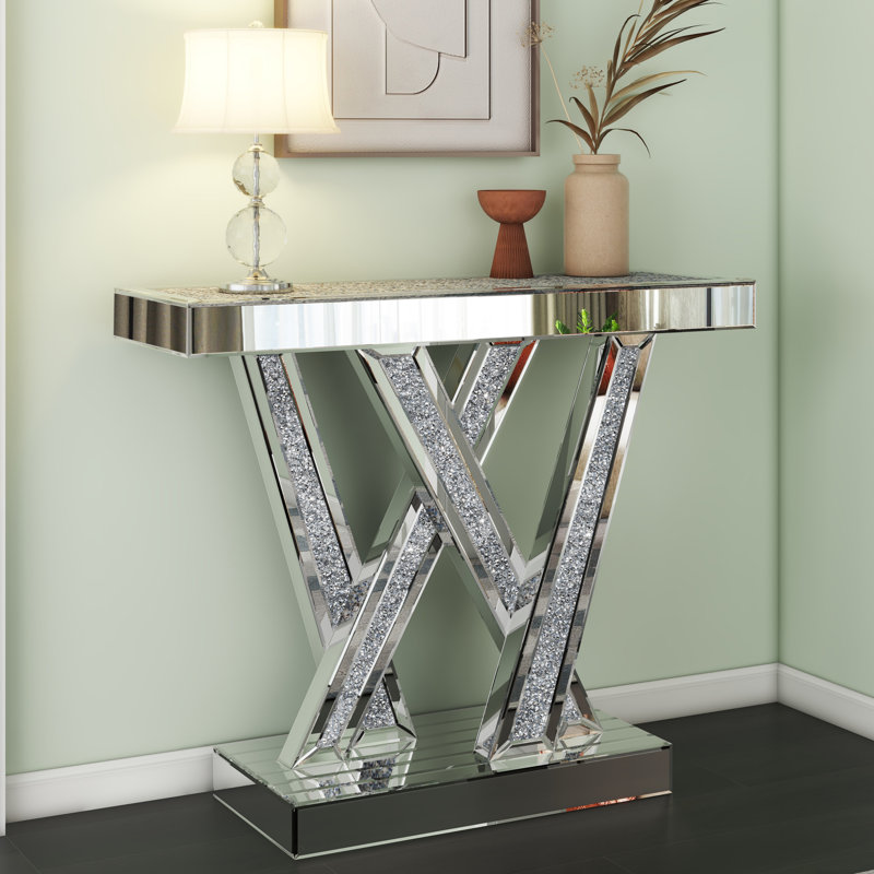 Table console Amla 35,43 po en verre miroir, style ultramoderne, contemporain et glamour.