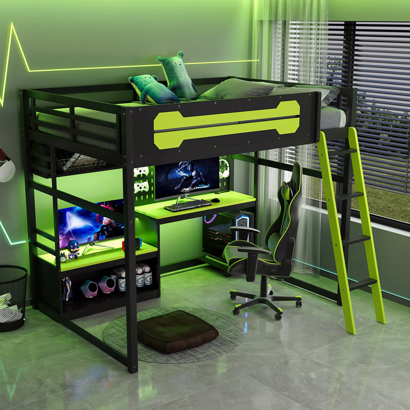Full Size Wooden Frame Material Loft Bed Frame With Desk, Shelves, With Led Lighting Function Lights, With Usb Charging Function Ports And Pegboard, In Black Finish+Green