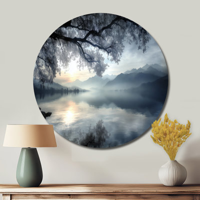 Serene Lake At Dawn With First Light - Landscapes Round Metal Wall Art