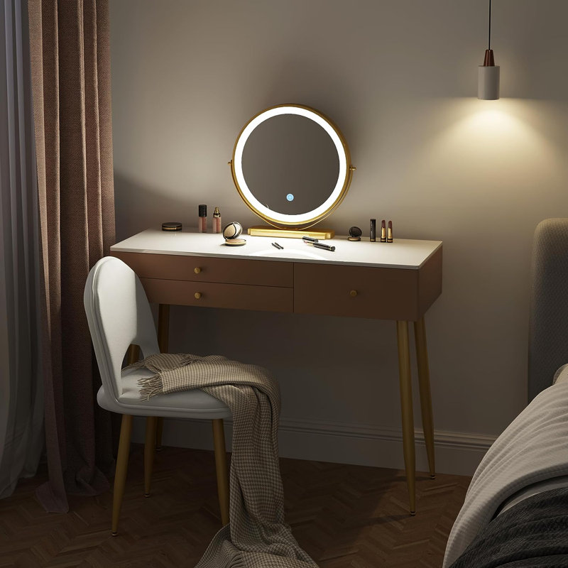 Etchemin Dressing Table with Mirror, Khaki/Gold