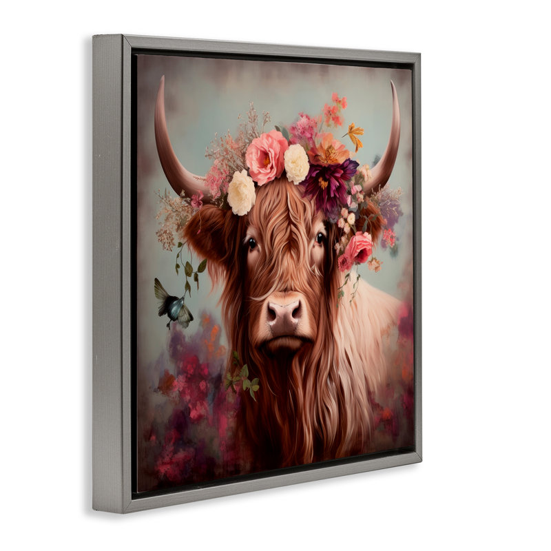 «Longhorn & Flower Garland», art mural encadré par Irena Orlov, H 25 po x l 25 po, Cadre flottant métallique doré