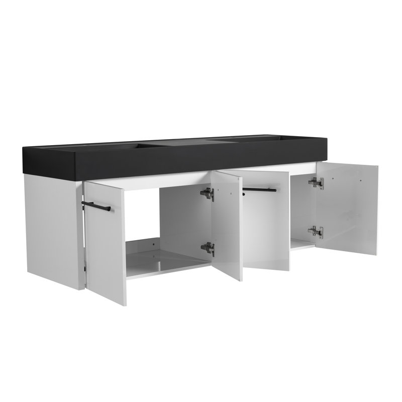 Meuble-lavabo mural 60 po avec lavabo en résine noire à rebords épais 60 po, Blanc / noir mat, Noir