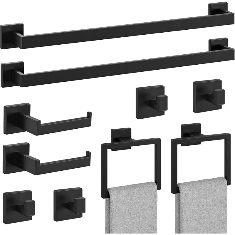10-Piece Matte Black Bathroom Hardware Set with Towel Bars, Towel Rings, Toilet Paper Holders and Robe Hooks, SUS304 Stainless Steel