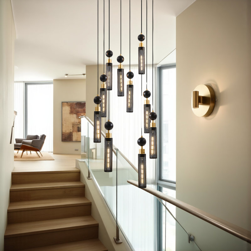 Lustre industriel 24 po, 9 lumières avec abat-jour en maille - sans ampoules