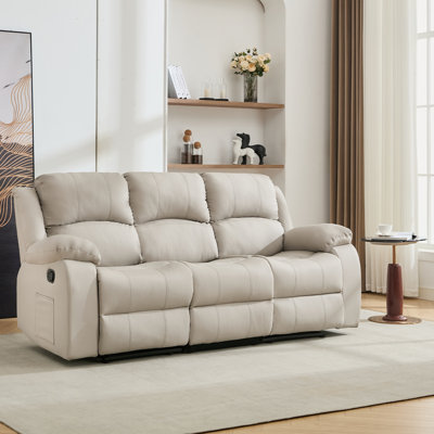 Faux Leather Recliner Sofa Set,Modern Manual Reclining Leather Sofa Set for Three People-Beige