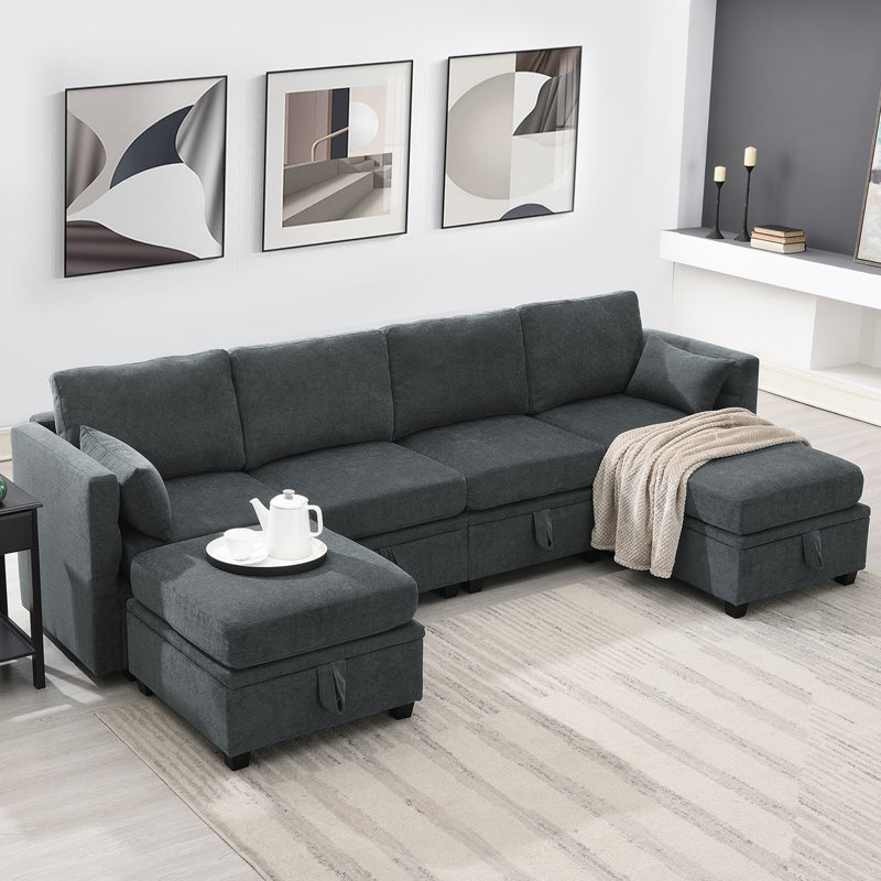 6 - Piece Upholstered Sectional, Grey Chenille