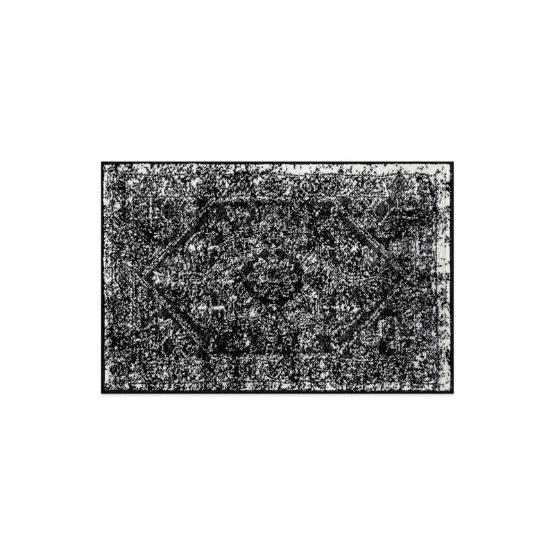 Tapis noir ivoire rétro à médaillon, Rectangulaire 2 pi x 3 pi