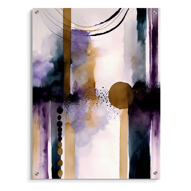Abstrait géométrique mauve et doré II - Art mural abstrait géométrique en acrylique pour le salon, H 32 po x l 24 po