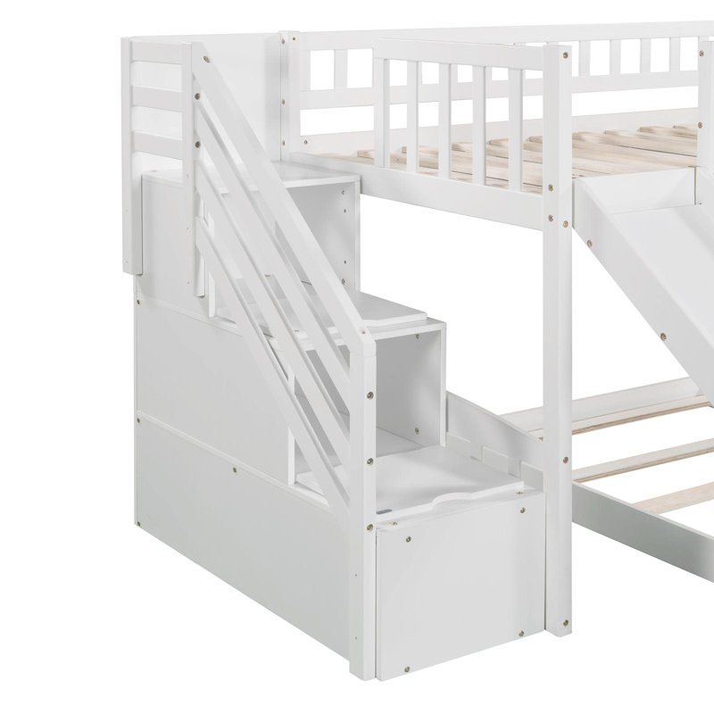 Stairway Twin Over Twin 2- Drawers Bunk Bed With Stairs and Slide, White