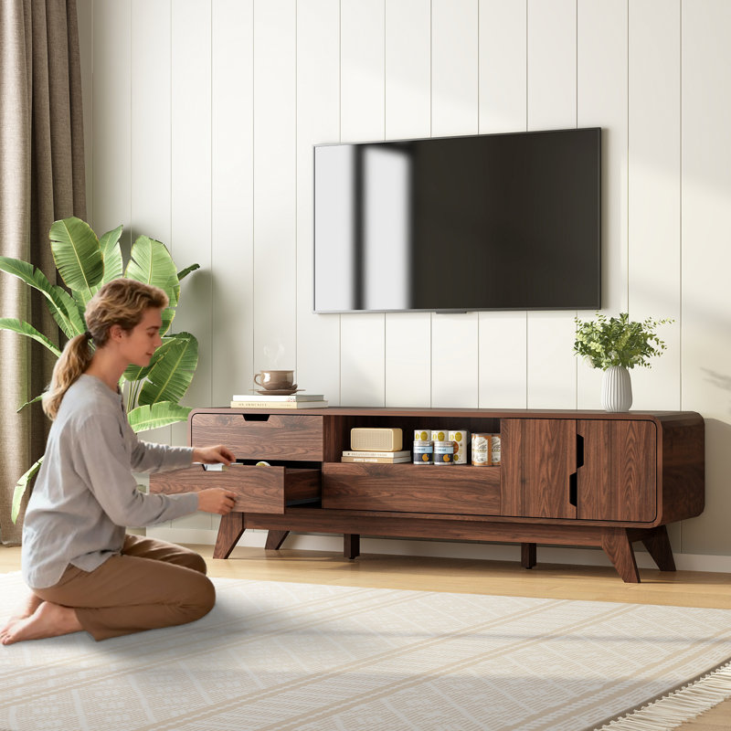 Mid Century Modern TV Stands for TVs up to 70 inch, Entertainment Center with Storage Cabinet and 5 Drawers, Media and TV Console for Living Room