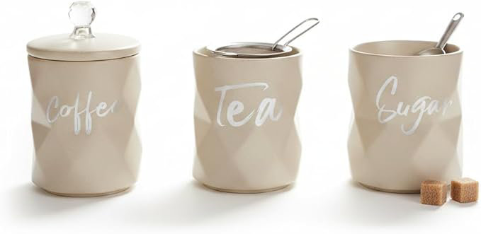 Set Of 3 Tea, Coffee, Sugar Ceramic Jar Kitchen Storage Textured Pattern Canister Crystal Ball Knob Lid Silver Name Label Food Organiser Countertop Va