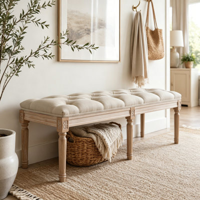 Banc de chambre à coucher, banc d'entrée touffeté de style français rétro, banc de bout de lit tapissier 43,3 po avec pieds en bois vieilli, siège de repose-pieds en lin