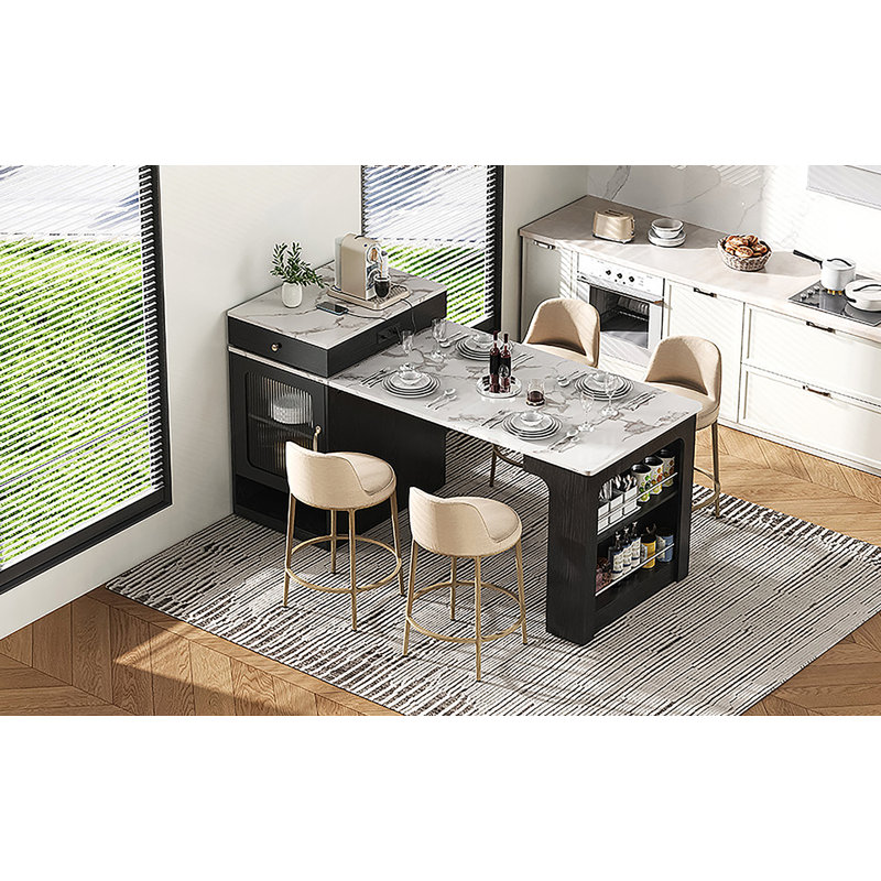 59.5" Kitchen Island With Extendable Dining Table, Kitchen Storage Table With Double-Sided Storage, Kitchen Island With 2 Drawers, Power Outlet, Side Open Shelves, For Kitchen, Dining Room, Black
