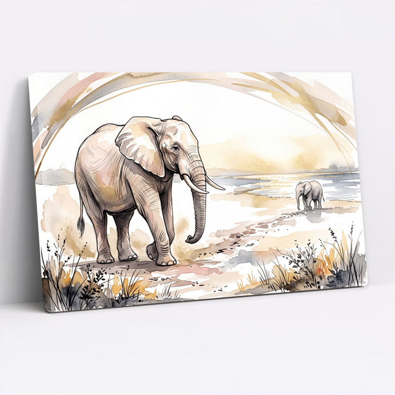 «Earth Tone Watercolor Elephant And Baby Walking By Water», art mural sur toile, H 20 po x l 30 po