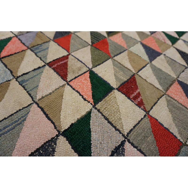 Small Size Geometric Folk Art Pattern Antique American Hooked Area Rug