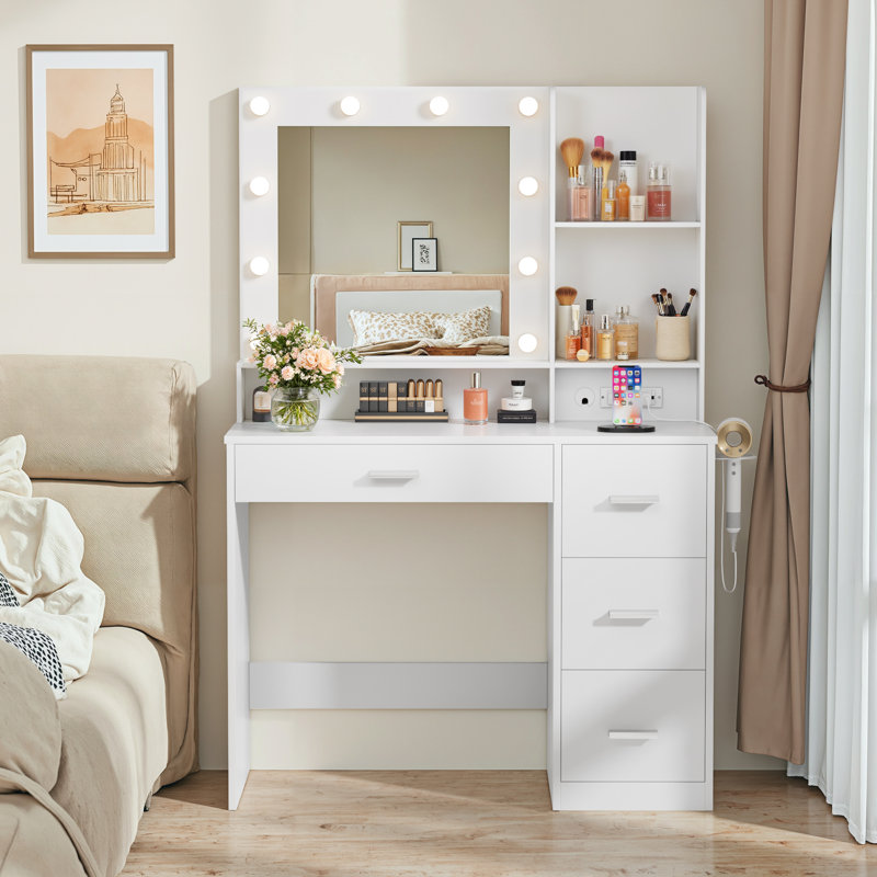 Borko Makeup Vanitiy with Lights,Vanity desk with Mirror and Power Outlet,Dresser Table with Drawers and Open Shelves, White