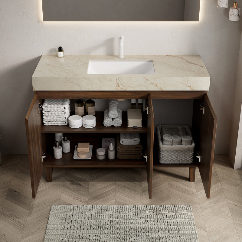 Ensemble de meuble-lavabo et évier 48 po, armoire autoportante, plateau en pierre frittée crème et vasque en céramique avec 1 trou de robinet pré-percé, ensemble sans robinet et drain