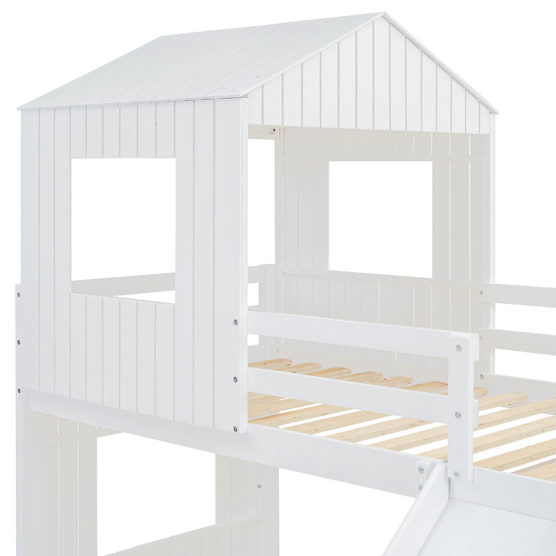Lit superposé en bois, lit mezzanine avec maisonnette, maison de campagne, échelle, glissade et garde-corps, Blanc