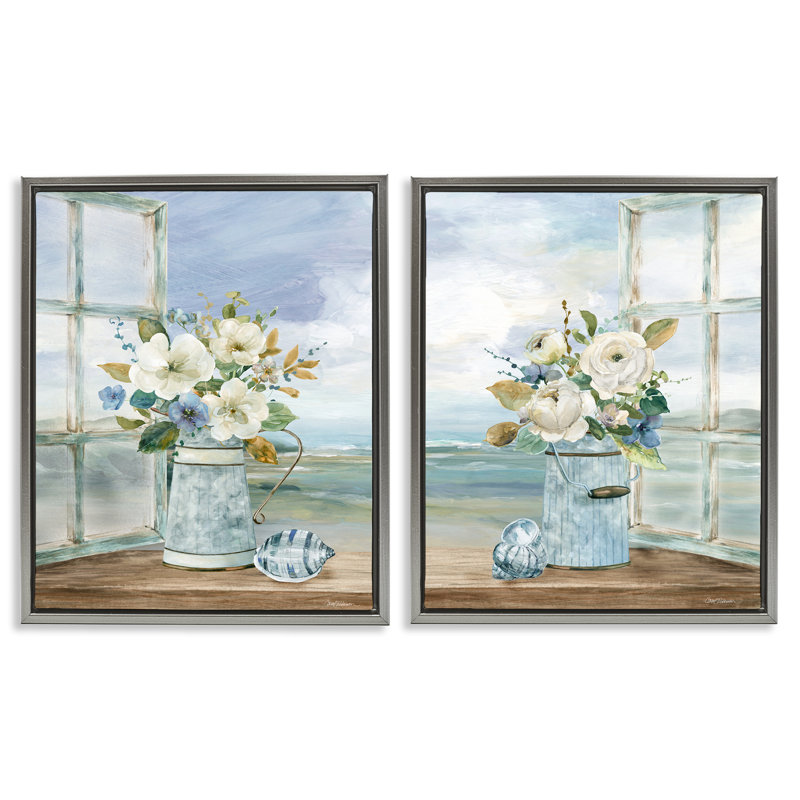 Ensemble de cadres flottants 2 pièces Seaside Bouquets in Window, design par Carol Robinson, Cadre flottant gris lustré
