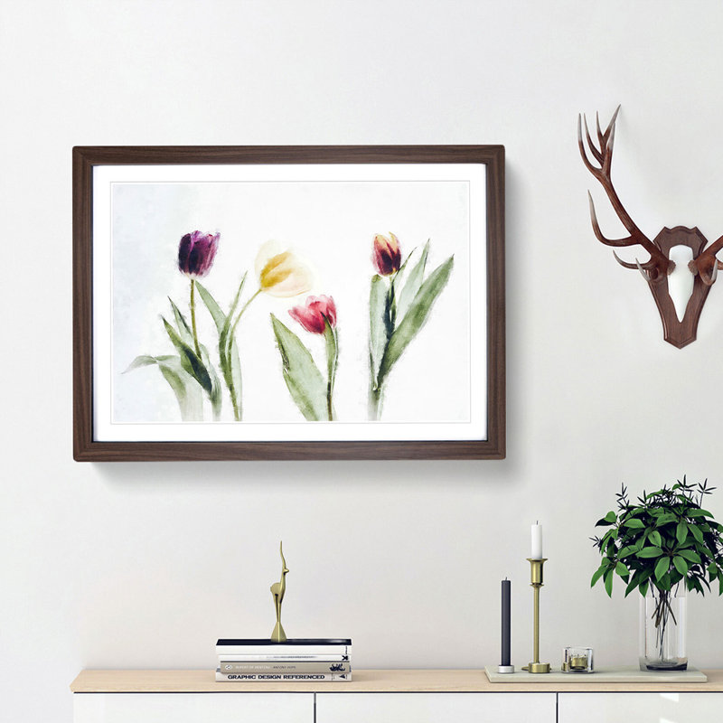 Colourful Tulip Flowers - Picture Frame Painting Print, 62cm H x 87cm W x 2cm D, Walnut Framed