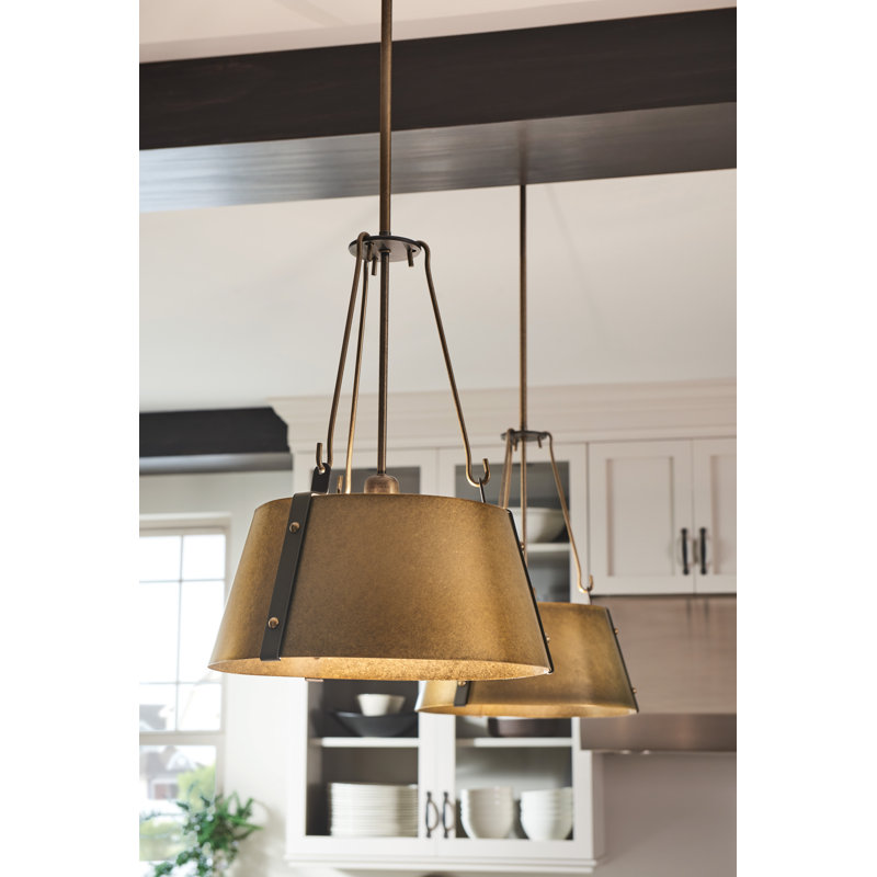 Cartwright 3-Light Drum Pendant with Bold Rivets, Rustic Brass