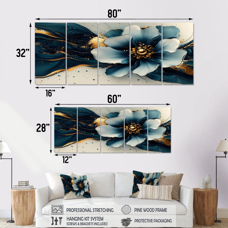 «Golden Arrangement Daisies Ink II» - art mural marguerites - art mural traditionnel pour le salon, H 32 po x l 80 po, 5