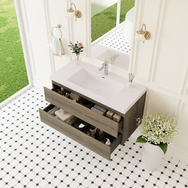 Meuble-lavabo de 42 po avec lavabo, rangement mural, style moderne, gris cendré, finition à l'eau pour meuble-lavabo flottant de longévité, plateau à surface solide, tiroirs à fermeture en douceur, installation de plomberie rapide