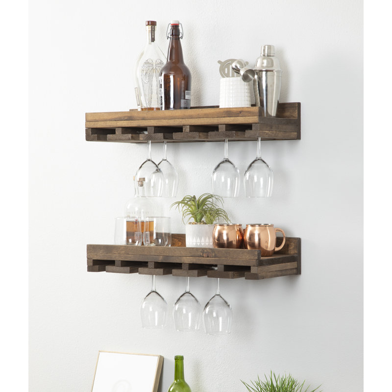 Support à verres à vin à fixation murale en bois massif Barnsdall, Noyer foncé, H 4,25 po x l 24 po x P 10 po