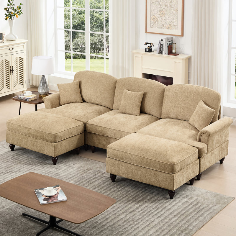 Canapé modulaire en forme de U avec jupes de plis à volants amovibles, coussin décoratif amovible et revêtement en chenille à fil argenté, pieds à 3 broches café, repose-pieds, rembourrage en mousse haute densité