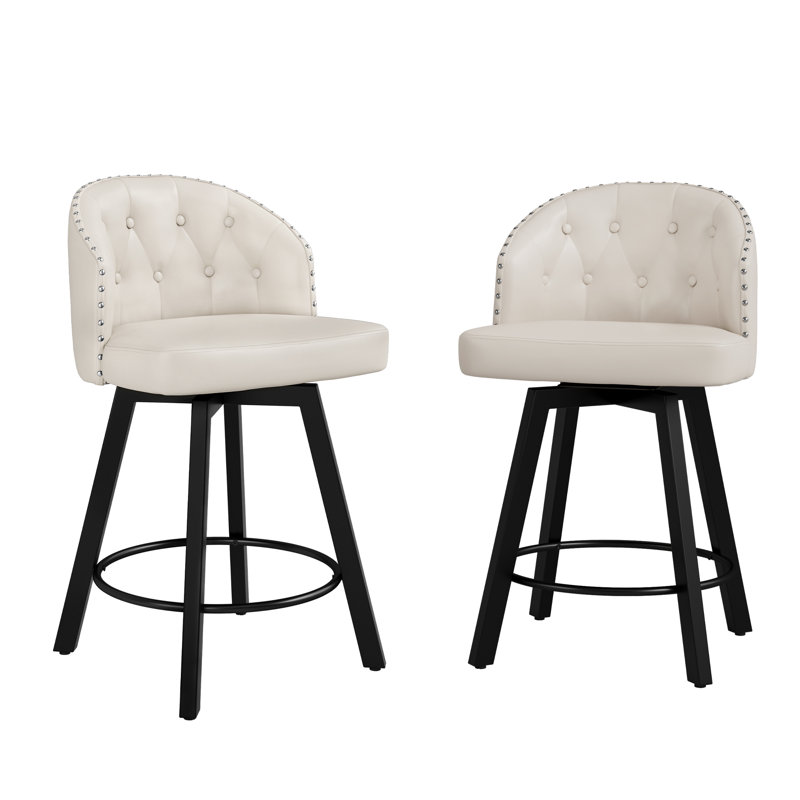 26" Swivel Upholstered Counter Stool With Backrest , White/Faux Leather