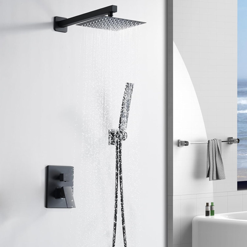 10 Inch Shower Faucet Set, Wall-Mounted Rainfall Shower System With High Pressure Handheld Shower Head, Matte Black