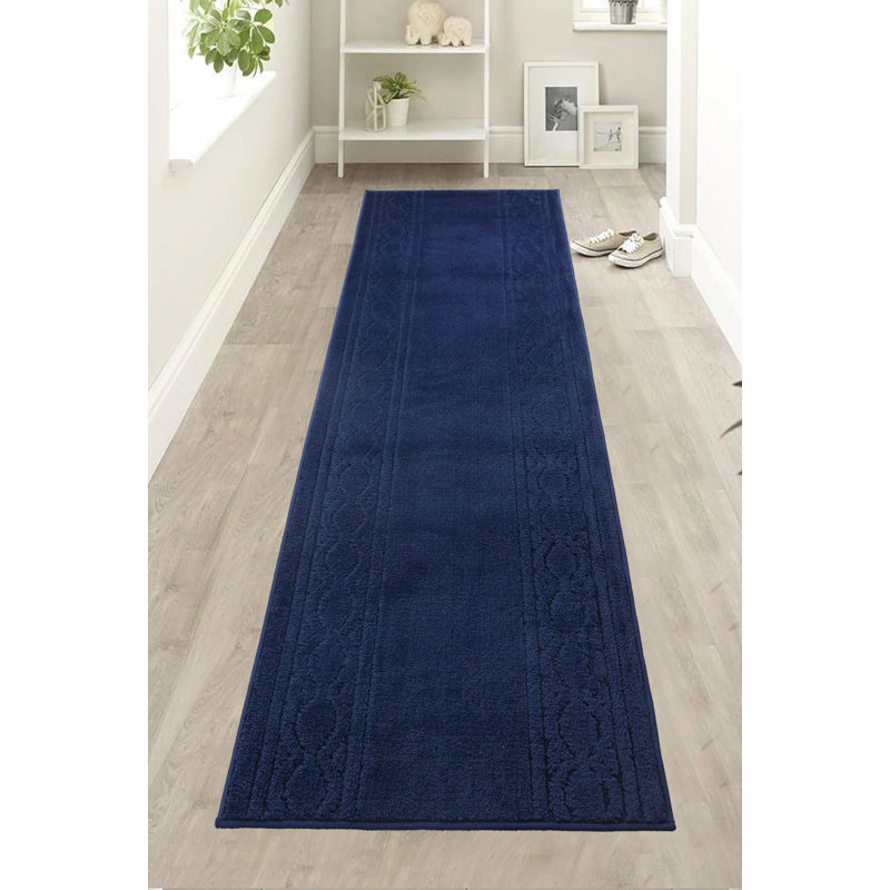 Custom Size  Anti Slip Machine Washable Medium Profile Cut Pile Soft Moroccan Trellis Navy Blue Runner Rugs by Feet