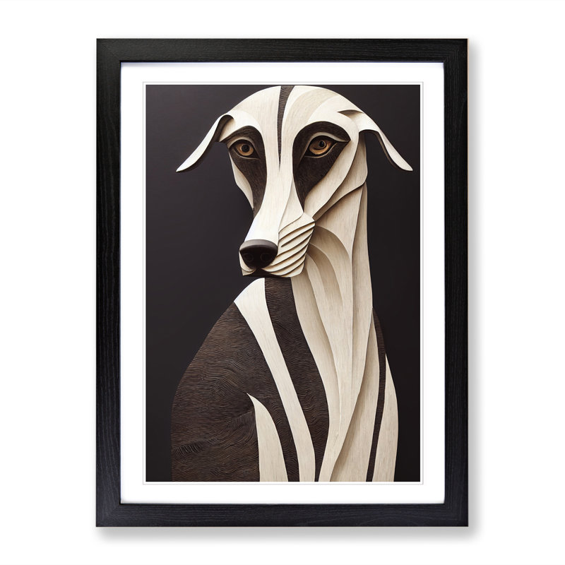 Greyhound Wood Carving - Picture Frame Print, Black, 64cm H x 46cm W x 2cm D