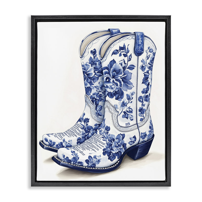 Cadre flottant bleu avec des bottes de cowboy chinoises, design par Heidi Kuntz, Cadre flottant noir de jais