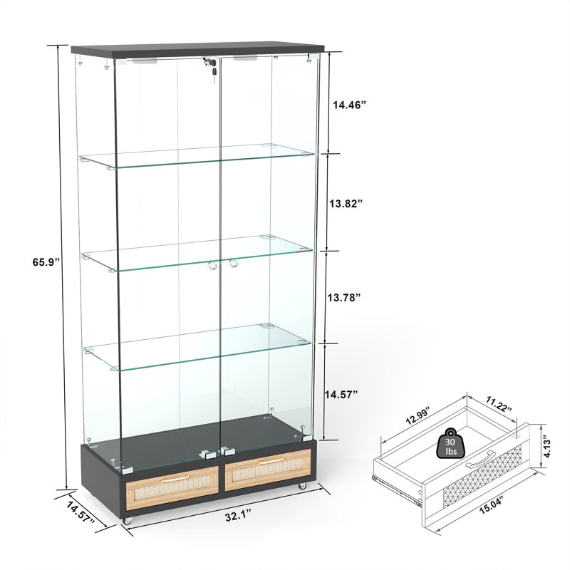 Modern Glass Display Cabinet With 4 Tempered Glass Bookshelf,natural, Black