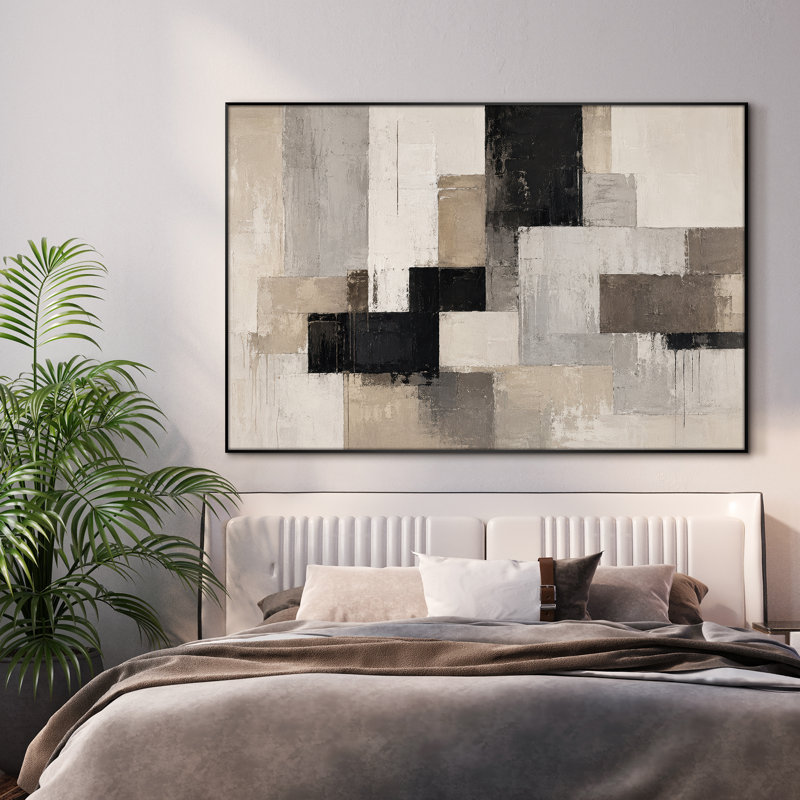 Très grand art mural imprimé sur tissu - Blocs géométriques abstraits neutres beiges, décor de bureau moderne - «Assemblage requis du cadre (cadre non fini)»