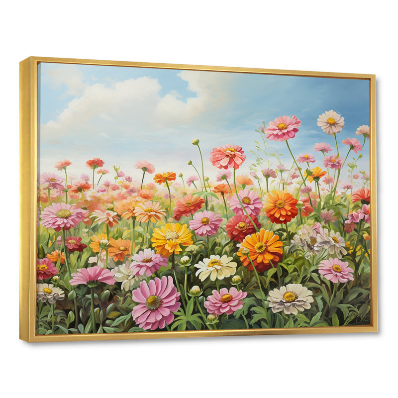 Zinnias Country Charm I sur impression sur toile, Cadre flottant doré, H 12 po x l 20 po x P 1 po
