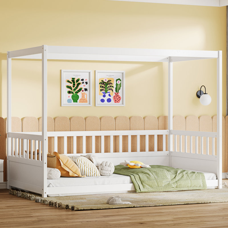 Canopy Bed Frame with Guardrails, White, Twin