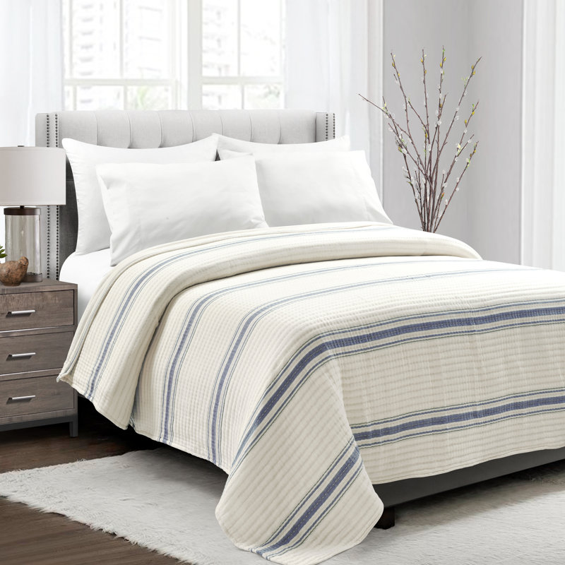 Oakleaf Cotton Striped Quilt, Queen Quilt, Navy