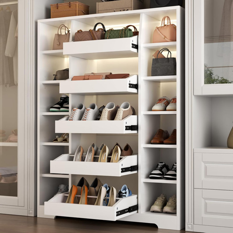 Modern LED Shoe And Handbag Storage Cabinet With 5 Drawers And 12 Shelves,  Shoe Rack Organizer For Closet, Entryway