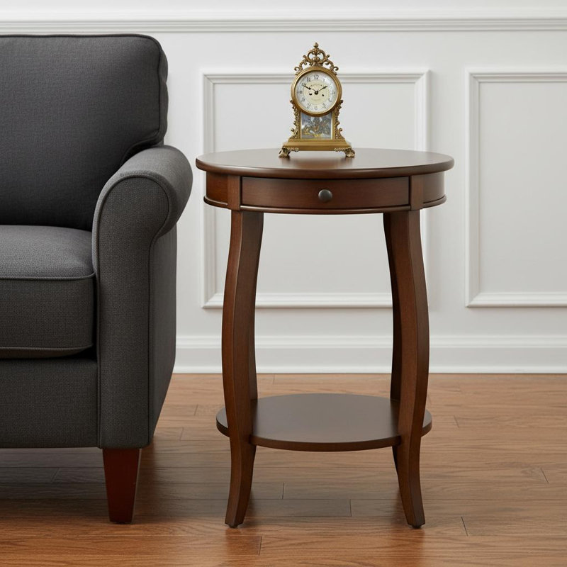 Table de bout ronde 24 "en bois massif brun avec tablette