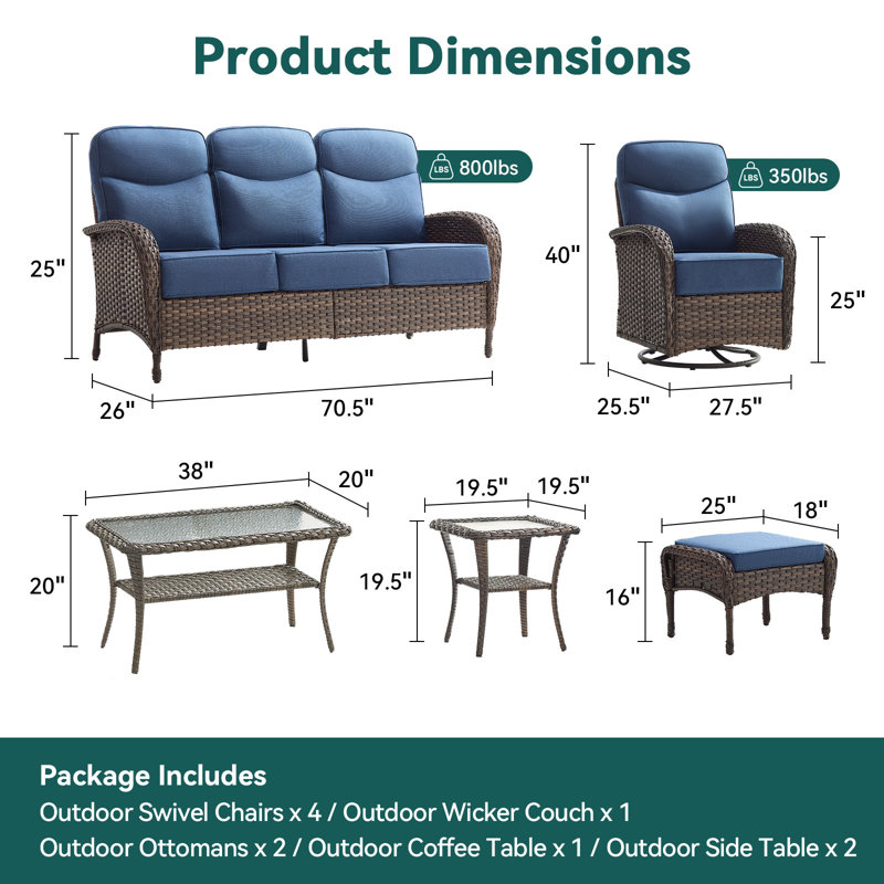 Himonia 10-Piece All-Weather Wicker Patio Conversation Set With Sofa And 4 Swivel Gliders, Blue