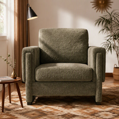Upholstered Accent Armchair with Solid Wood Armrests, Boucle Fabric Square Arm Club Chair with Thick Cushion, Modern Sled Base Side Chair for Living R