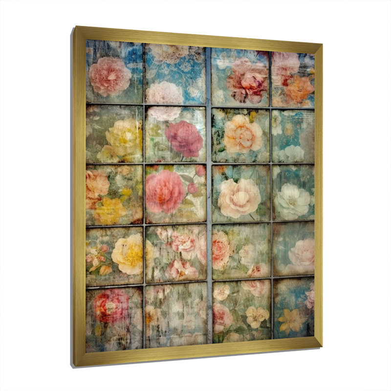 Élégant collage rétro de roses en fleurs, Cadre doré à une seule photo, H 32 po x l 24 po x P 1 po