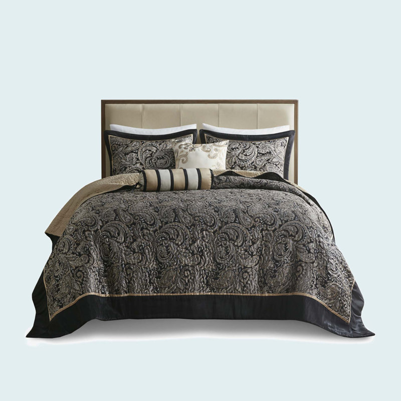 5 Piece Jacquard Bedspread Set With Throw Pillows, Queen Bedspread + 2 Standard Pillow Shams, Black