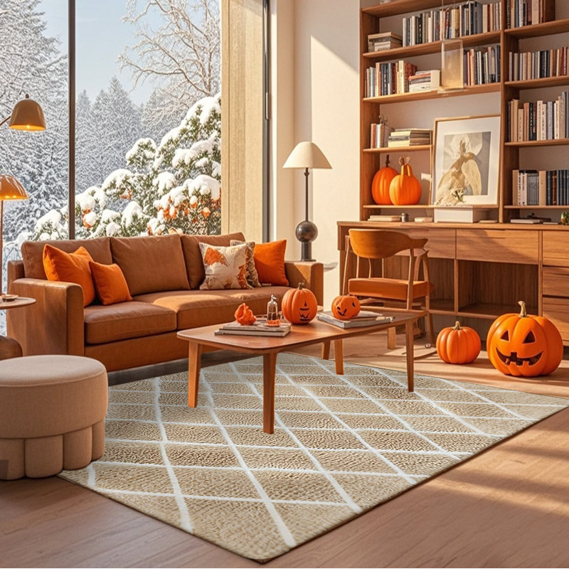 Beige Geometric Pattern Area Rug - Ultra Soft Shag Rug for Living Room, Bedroom, Holiday Decor, Non-Slip Plush Carpet for Modern Home