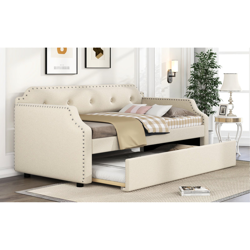 Beige Twin Upholstered Daybed With Trundle And Storage Space Trundle, Padding, Beige