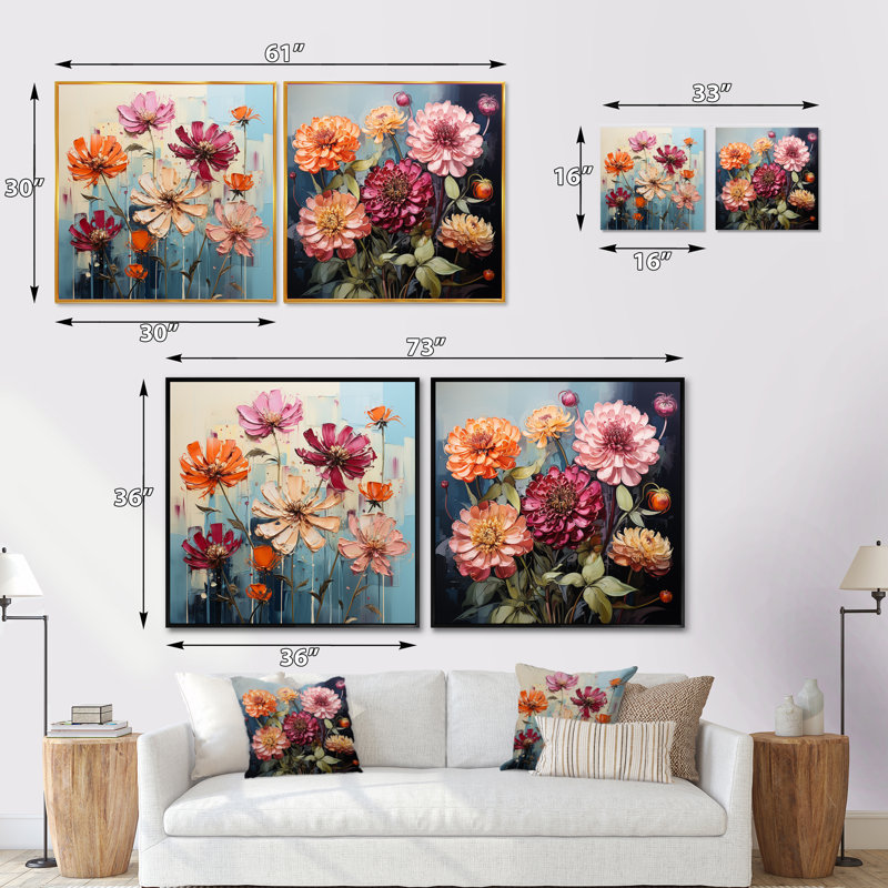 «Binn Zinnias Flowers», 2 pièces, Cadre flottant doré, H 16 po x l 33 po