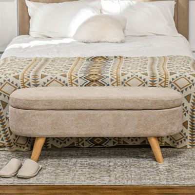 Storage Ottoman Bench, 43.3" Teddy Fleece Upholstered End Of Bed Bench With Wood Legs And Padded Seat, Oval Modern Entryway Bench
