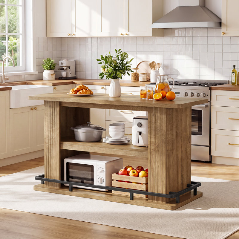 Îlot de cuisine de 160 cm avec 3 tablettes et repose-pieds en métal
